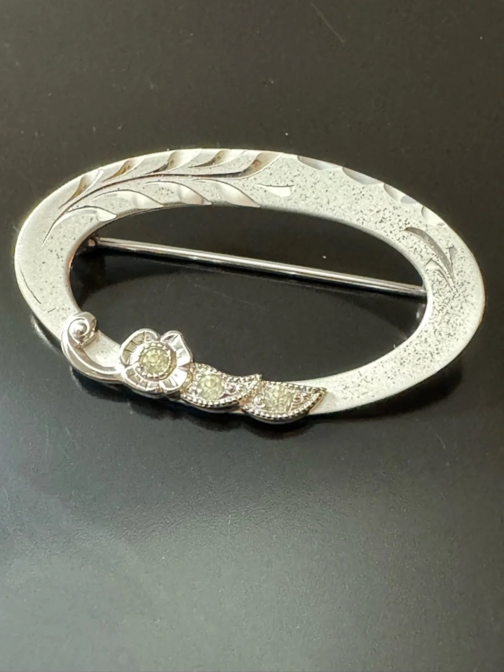 Vintage THEDA Sterling Silver Floral Brooch - Engraved Oval Frame - CZ Accents